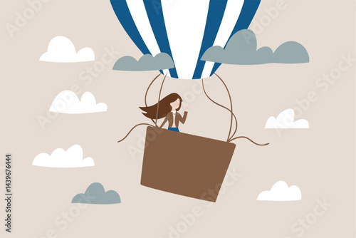Mental health, depression or sadness, anxiety and stressed problem, work difficulty and obstacle, pessimism concept, depressed desperate and hopeless woman in falling down air balloon in thunder storm