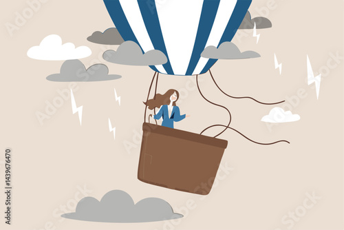 Mental health, depression or sadness, anxiety and stressed problem, work difficulty and obstacle, pessimism concept, depressed desperate and hopeless woman in falling down air balloon in thunder storm