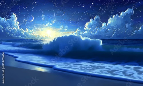 Vast ocean waves at sunrise under a night sky.