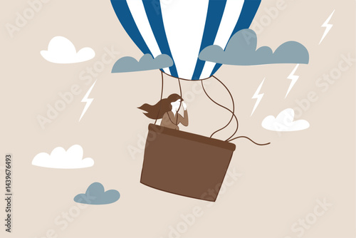 Mental health, depression or sadness, anxiety and stressed problem, work difficulty and obstacle, pessimism concept, depressed desperate and hopeless woman in falling down air balloon in thunder storm