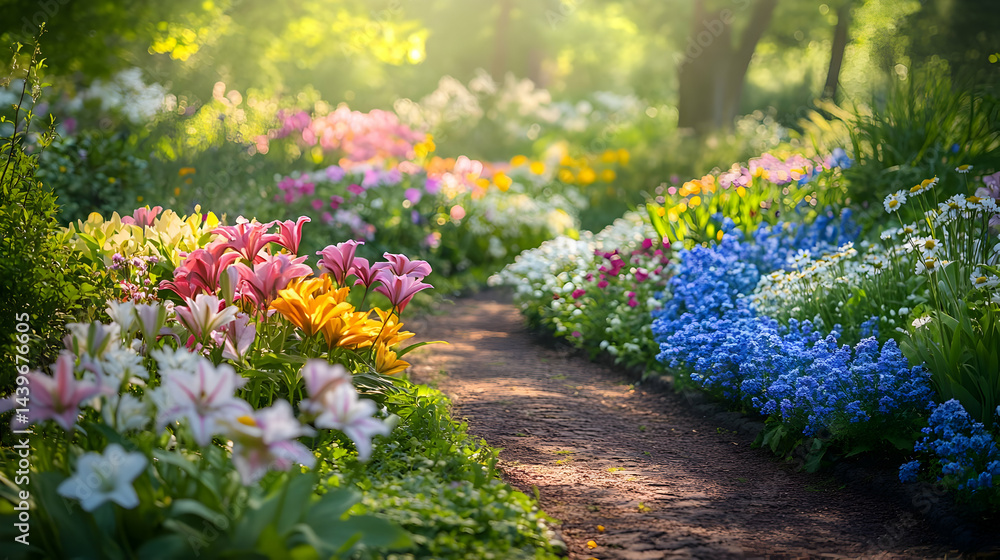 Obraz premium Vibrant Flower Garden Path: Colorful Lilies and Daisies in Full Bloom