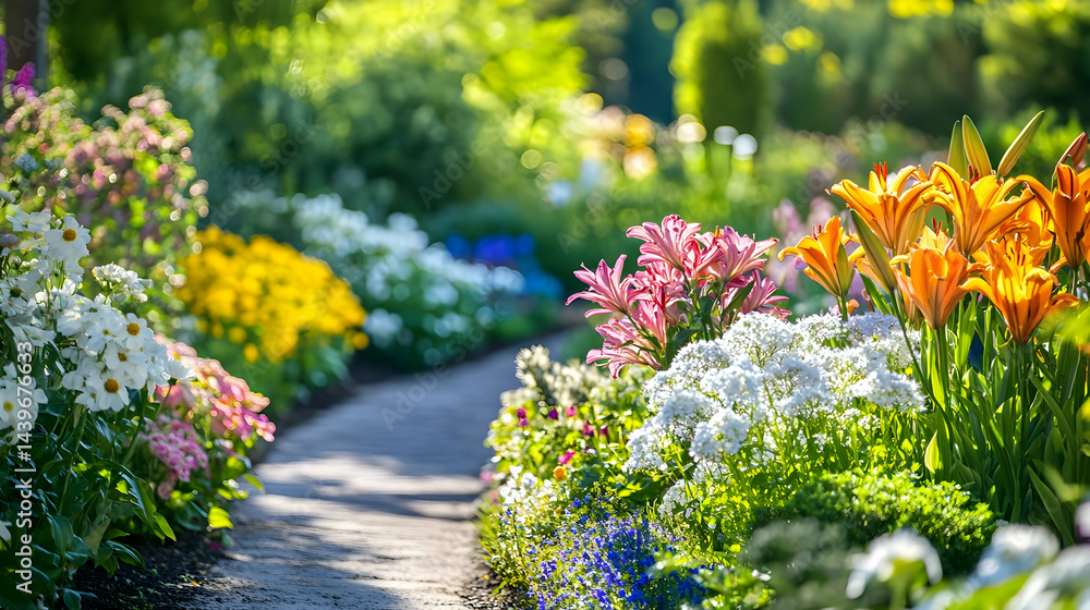 Obraz premium Vibrant Flower Garden Path: A Walk Through Blooming Beauty