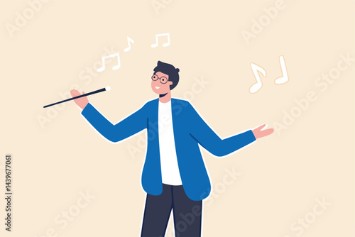 Businessman conductor with baton conduct music metaphor of leadership to lead company to success, manager to guide and control team concept.