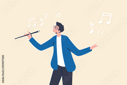 Businessman conductor with baton conduct music metaphor of leadership to lead company to success, manager to guide and control team concept.