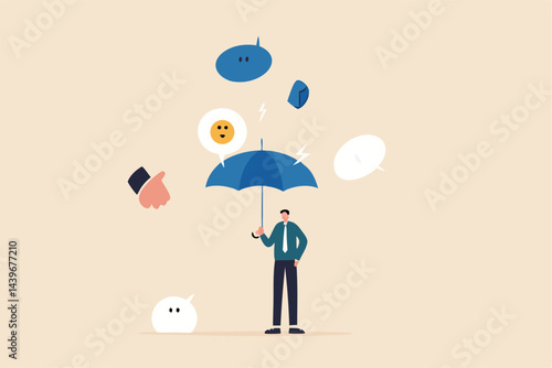 Handle business criticism, scold or negative feedback, manage boss blame, pressure, failure or mistake ashamed concept, confidence businessman hold strong umbrella protect from negative feedback.