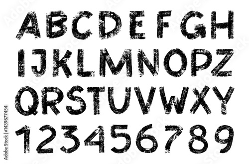 Distressed alphabet, grunge capital letters. Vintage stencil graffiti font. Bold brush drawn vector typography. Bold font ink dirty texture capital letters. Black retro typeface, vector style alphabet