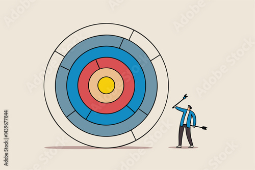 Finding solution to reach goal, overcome difficulty, solving problem to achieve target, path to success and challenge, businessman with bow and arrow finding the way of mess puzzle to reach target.