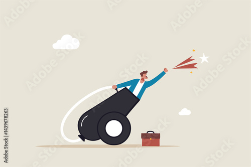 Self motivation to improve and boost business growth, determination to victory, challenge and ambition concept, confidence businessman ignite the cannon to launch himself flying high to reach target.