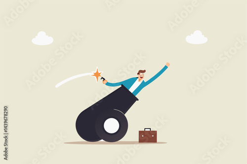 Self motivation to improve and boost business growth, determination to victory, challenge and ambition concept, confidence businessman ignite the cannon to launch himself flying high to reach target.