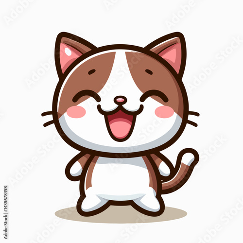 Cartoon depiction of a happy, brown and white tabby cat, displayed in a playful, cartoonish style.