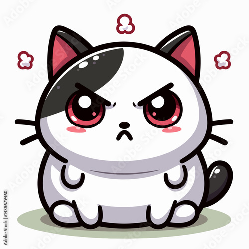 Cartoon cat, appearing displeased and grumpy, with a black and white pattern,  depicted with exaggeratedly large, red eyes and a serious facial expression.
