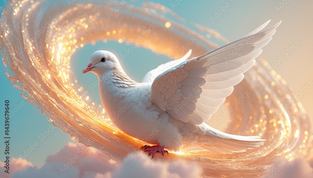 Obraz premium A pristine white dove descends gently through clouds, encircled by a shimmering, ethereal golden