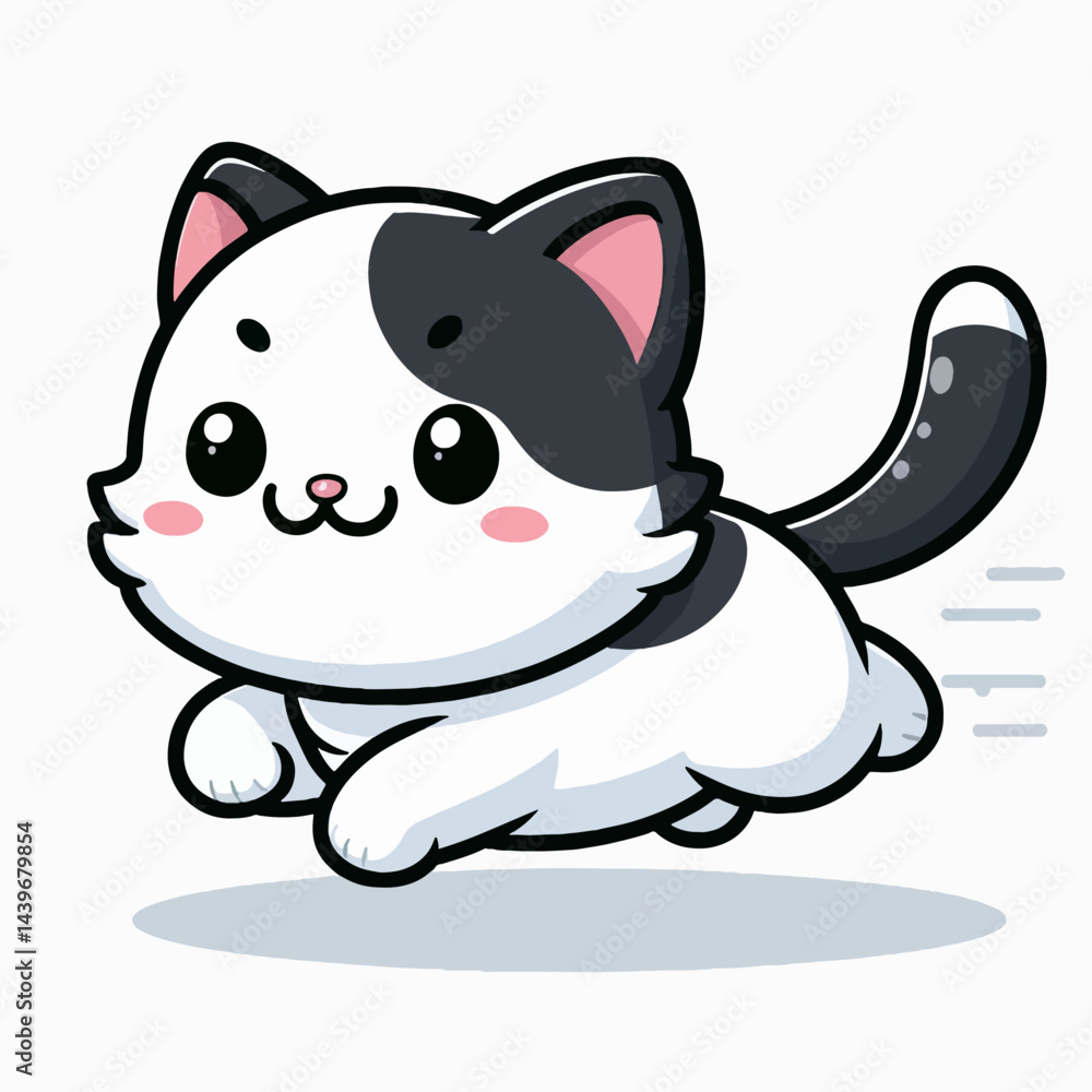 Obraz premium Charming black and white cartoon cat, dynamically rendered in a playful leap, conveying energy and motion.