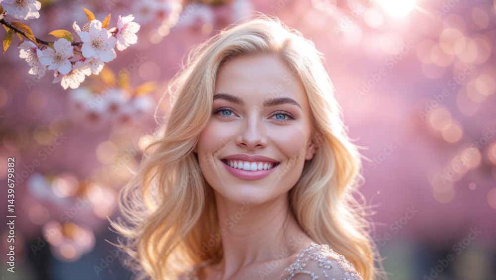 Naklejka premium Portrait of a happy woman with a radiant smile, surrounded by blooming cherry blossom trees.