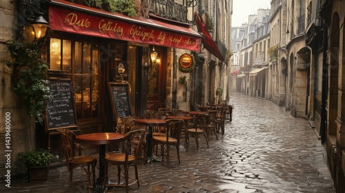 Charming Empty Street Cafe in Paris on a Rainy Day