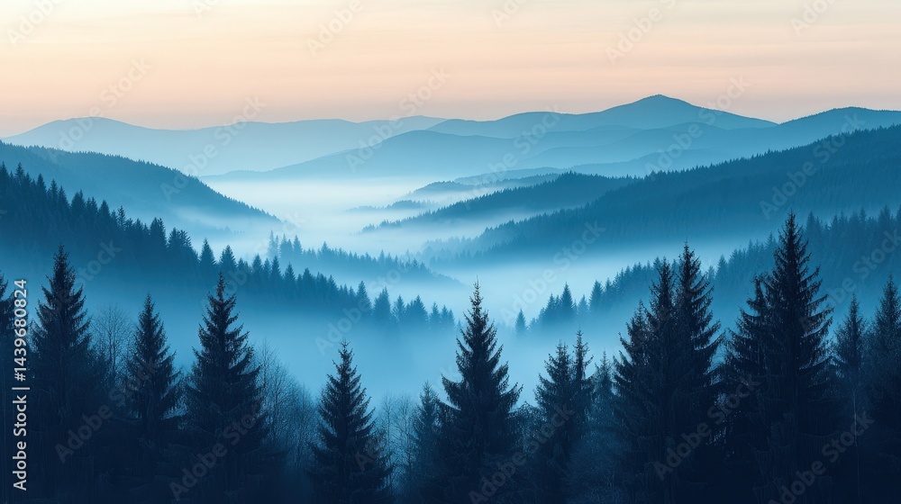 Fototapeta premium Misty mountain range, silhouetted against a pale dawn.