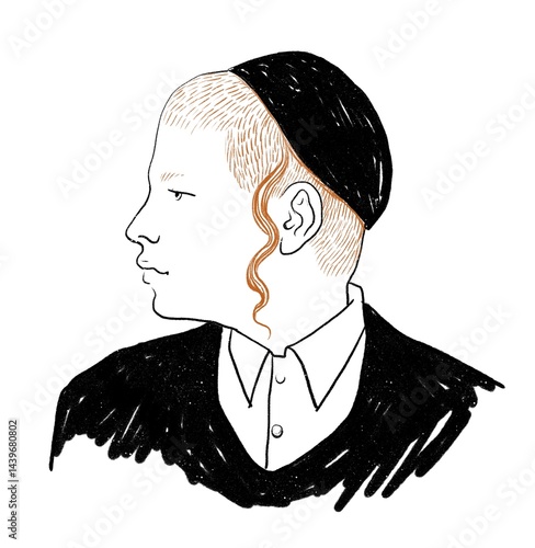 Fotografie Illustration of a young Orthodox Jewish redhair boy in profile, wearing a kippah and traditional black attire, with visible sidelocks (payot), symbolizing faith, tradition, and cultural identity