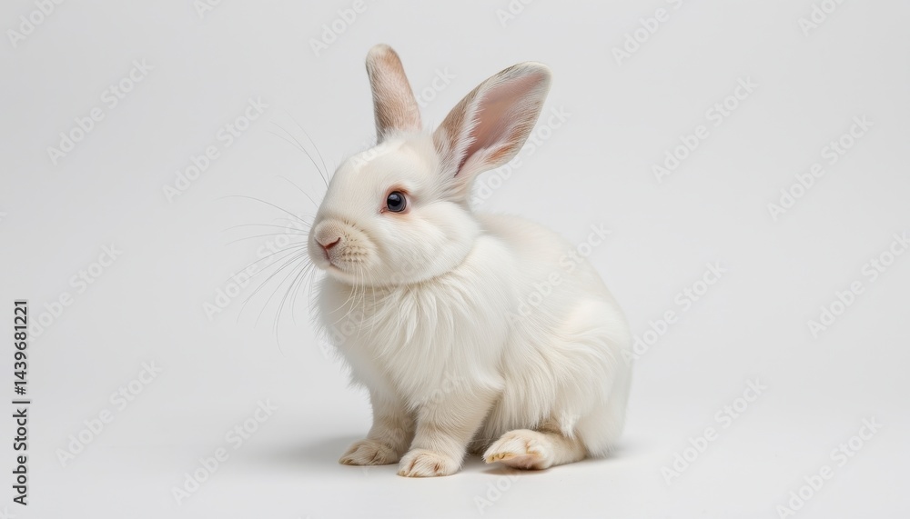 Obraz premium A solitary adorable baby rabbit sitting upright, fluffy white fur, perfectly centered on a pure white background (RGB 255,255,255), sharp focus across the entire body, clean detailed edges