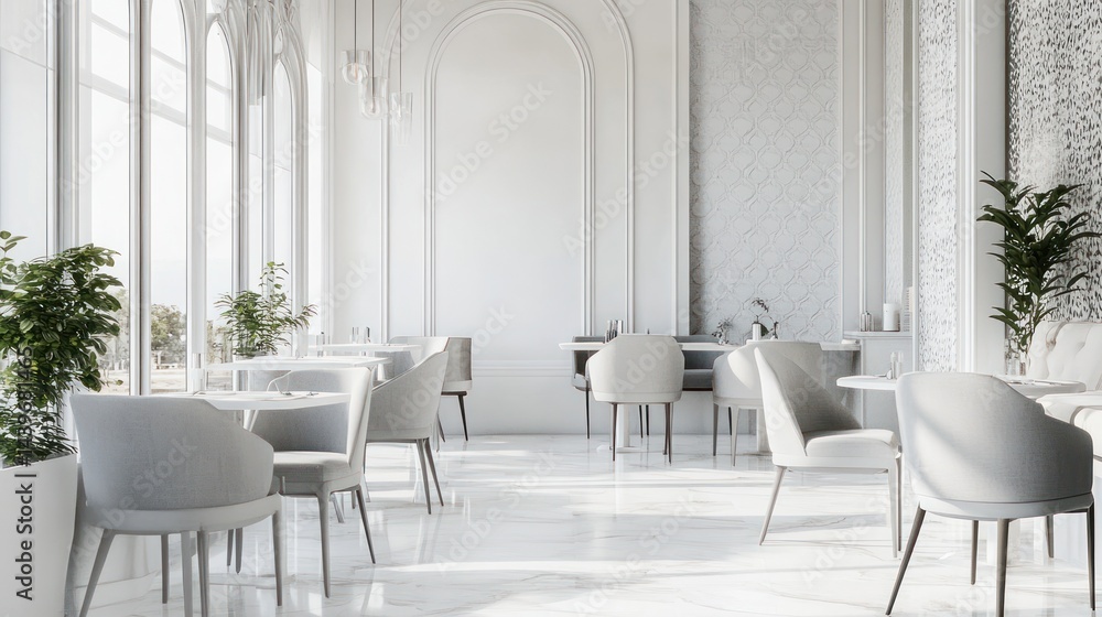 White cafe interior, sunlight, elegant, empty, spacious, modern, calm, beautiful White cafe interior, sunlight, elegant, empty, spacious, modern, calm, beautiful