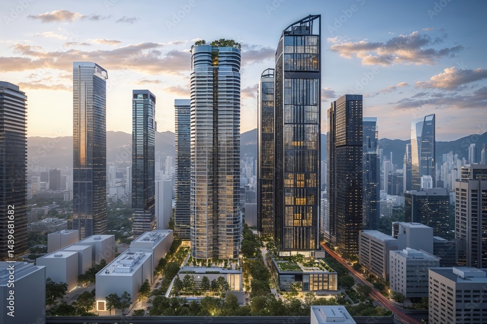 Obraz premium Innovative City Skyline Featuring Tall Buildings and Advanced Battery Tech for Smart Energy Solutions