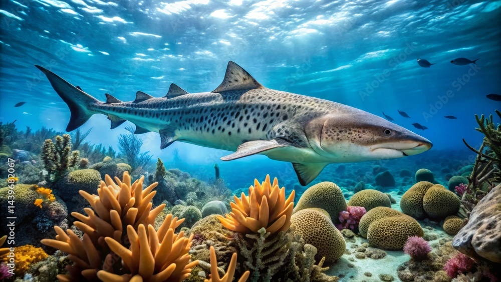 Obraz premium A Tiger Shark Gracefully Navigates a Vibrant Underwater Coral Reef Ecosystem