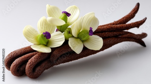 Vanilla orchid flowers and vanilla beans arranged on rustic brown fabric background creating soft natural presentation highlighting culinary ingredient beauty