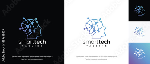 human head smart brain technology logo design template. human head, mind and technology logo icon