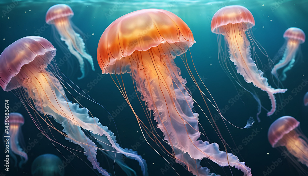 Obraz premium Oceanic jellyfish, vibrant colors, underwater scene