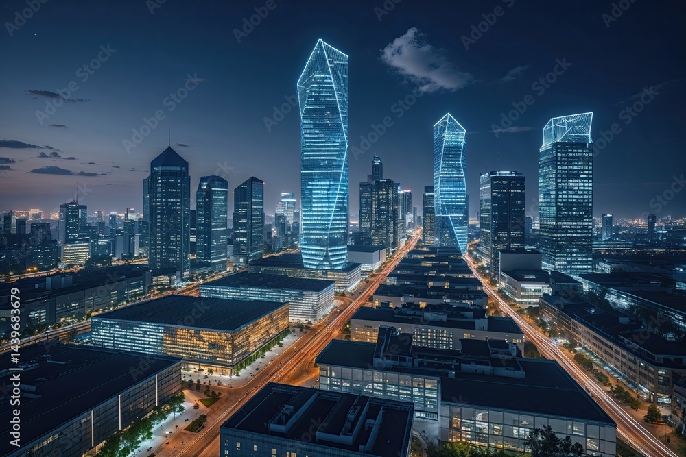 Obraz premium Sustainable Urban Skylines Innovative Nighttime Architecture and Smart Grid Technology