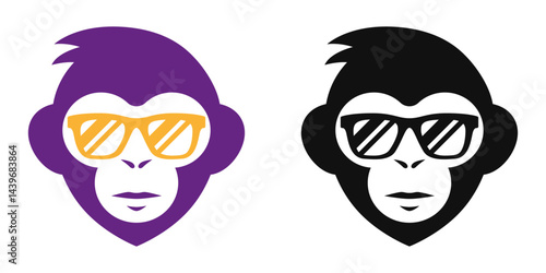Minimalist monkey head logo. Cool animal character with sunglasses. Modern vector design element.