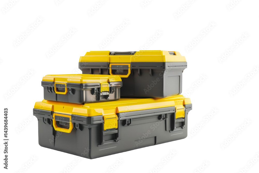 Fototapeta premium Jobsite Tool Boxes Overview Isolated On White Background.