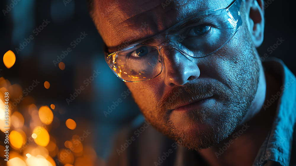 Man in Safety Glasses with Sparks in Background Man in Safety Glasses with Sparks in Background