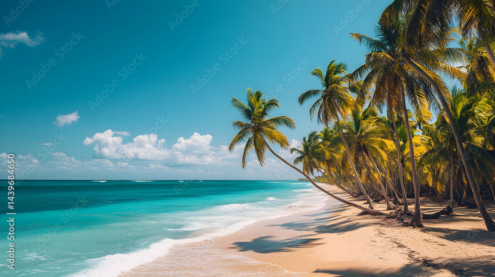 Obraz premium Serene Tropical Beach: Palm Trees Azure Ocean and White Sand Paradise