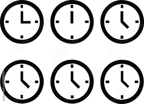 Clock Face Demonstrating Time: A collection of clock faces illustrates the concept of time, showcasing different hours in a simple and graphic style, perfect for representing schedules and deadlines.