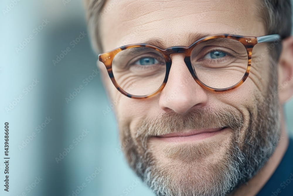 Man with glasses smiles at camera