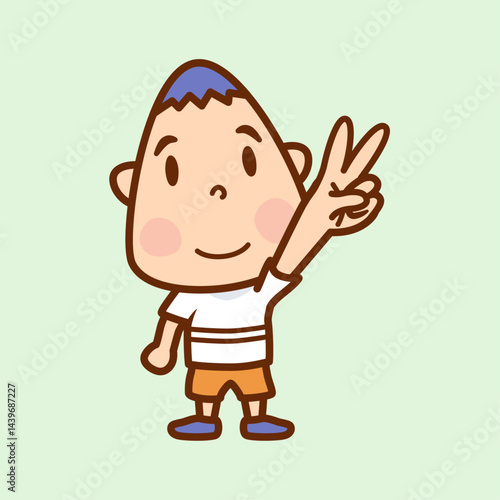 ２本の指を立て手を突き上げる男の子のイラスト／じゃんけんのチョキ／Illustration of a boy holding up two fingers