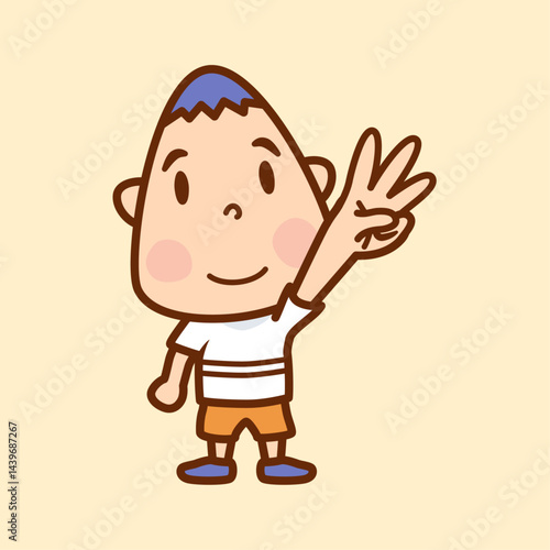 ３本の指を立て手を突き上げる男の子のイラスト／Illustration of a boy pointing up three fingers