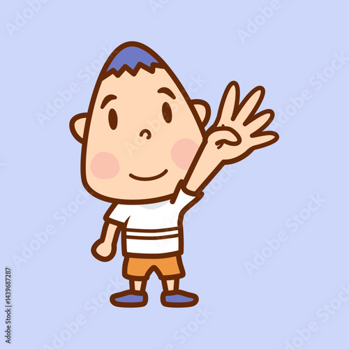 ４本の指を立て手を突き上げる男の子のイラスト／Illustration of a boy pointing up four fingers