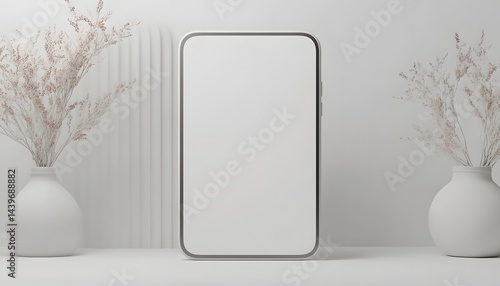 White Smartphone Displayed Between Decorative Vases and Dried Flowers