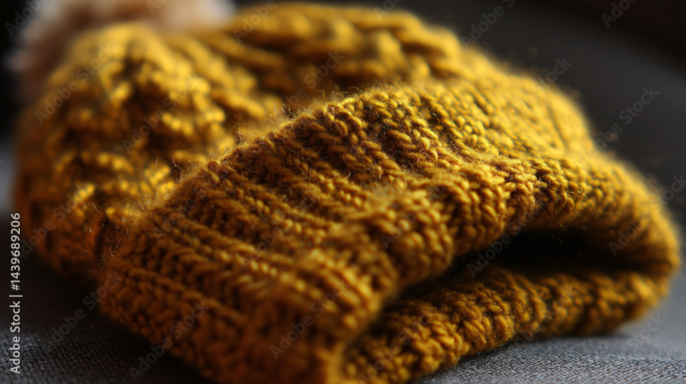 Cozy mustard knitted hat with textured pattern. Simple design