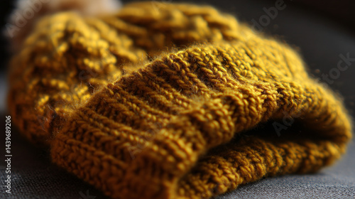 Obraz na płótnie Cozy mustard knitted hat with textured pattern. Simple design w salonie