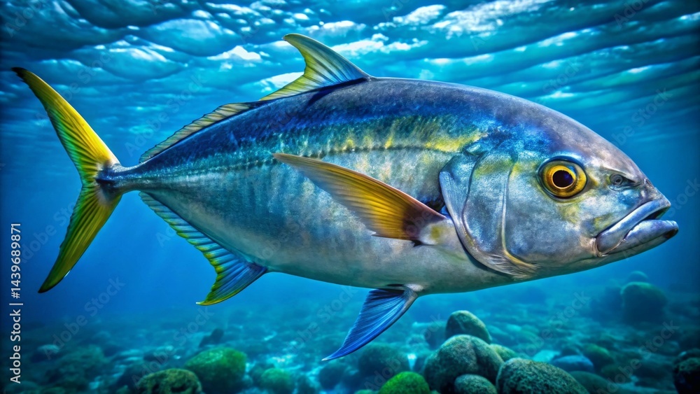 Oceanic Fish with Vibrant Yellow Tail Fin Swimming Through Deep Blue Water Amongst Coral Reef Oceanic Fish with Vibrant Yellow Tail Fin Swimming Through Deep Blue Water Amongst Coral Reef
