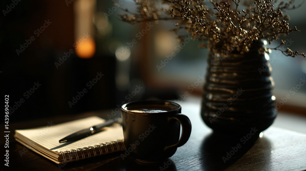 Cozy workspace still life with coffee, notepad, and pen