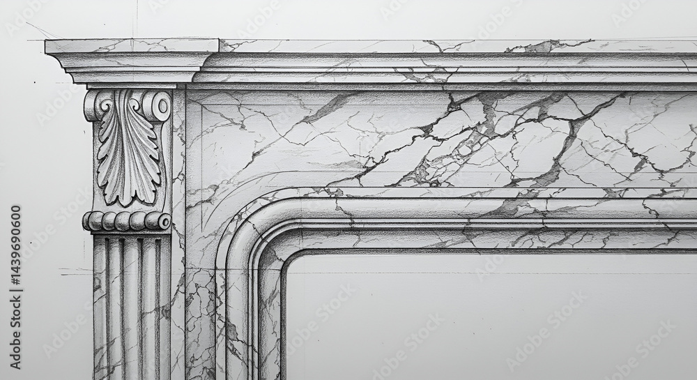 Fototapeta premium Detailed architectural drawing of a marble fireplace mantel. A meticulously drawn design showcases the intricate details of the mantelpiece
