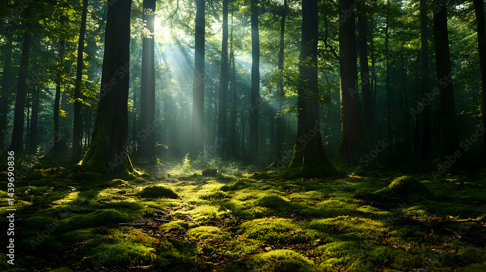 Obraz premium Sunbeams in a Magical Forest: Serene Nature Photography