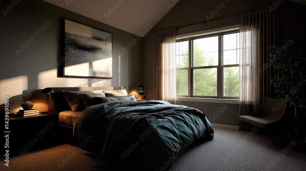 Cozy, modern bedroom with a sloped ceiling, featuring a calming color palette for a tranquil atmosphere