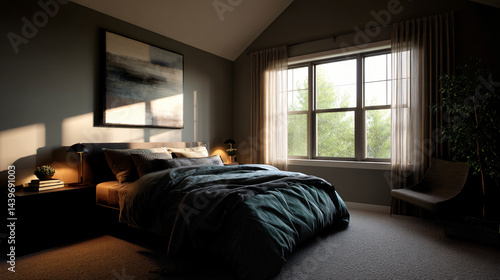Obraz na płótnie Cozy, modern bedroom with a sloped ceiling, featuring a calming color palette for a tranquil atmosphere w salonie