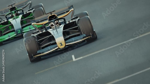 Generic formula one race cars racing along the homestretch over the finish line. Dynamic front view camera. Multiple race cars. 3d animation rendering. Generic new 2025 black and gold car design
