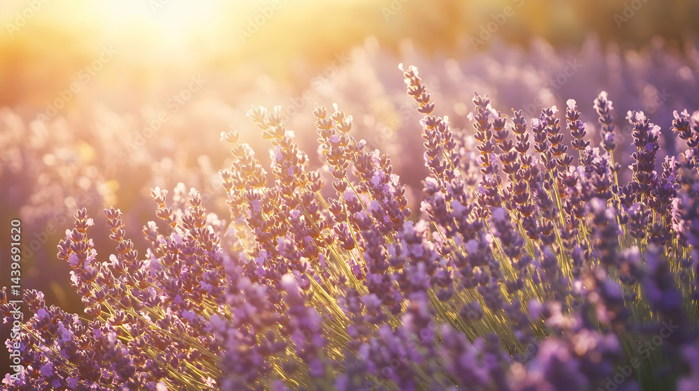Naklejka premium Lavender Field at Sunset: A Stunning Floral Landscape
