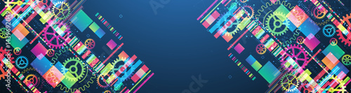 Abstract technological background with colored gears and multicolored rectangles and plexus effect. Vector